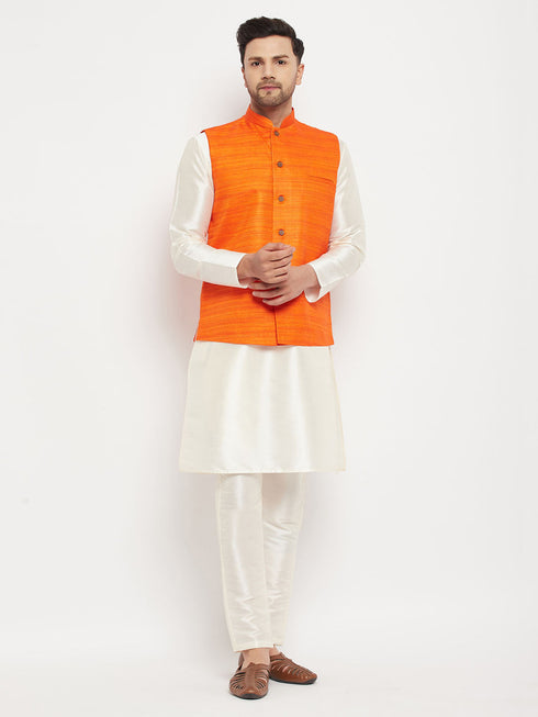Vastramay Men's Orange Matka Silk Nehru Jacket With Kurta and Pant style Pyjama Set